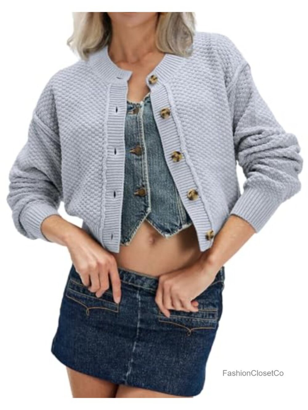 Cropped Cardigan for Women Button Down Sweaters Long Sleeve Crew Neck Knit